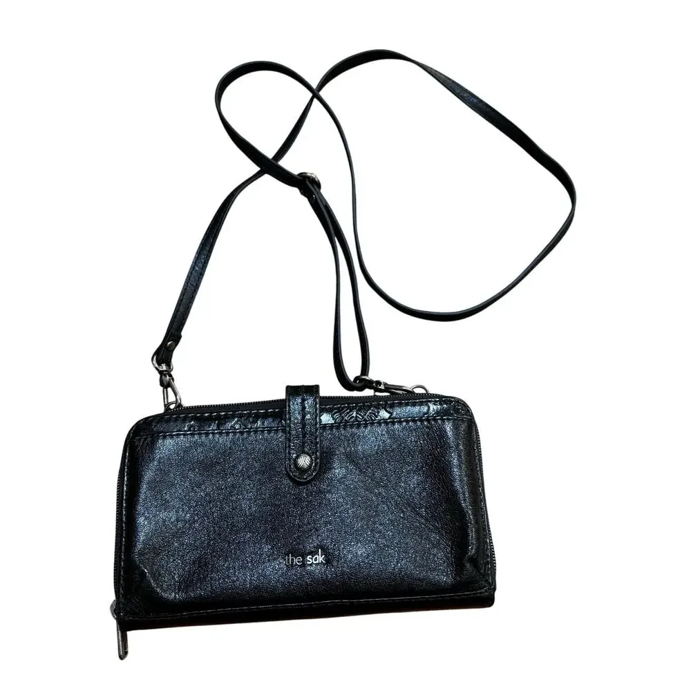 THE SAK black leather clutch purse wristlet crossbody bag zip around wallet